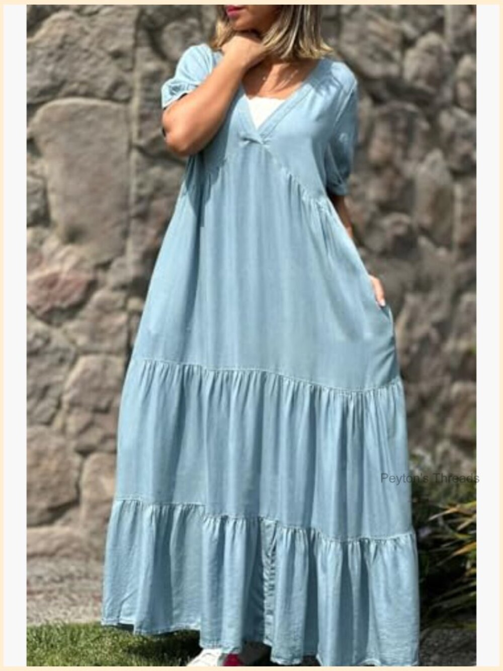 Boho Tiered Maxi Denim Dress with Pockets - Picture 3 of 3